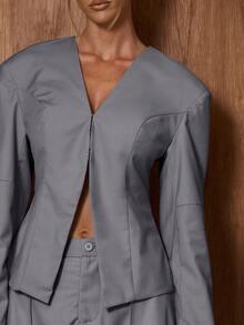 MUSERA Low V-Neck Structured Padded Shoulder Cinched Waist Blazer Only Cute Date Night Going Out Autumn Fall Night Out Work Clean Cut Spring - Grey - View 2