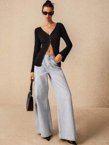 Poéselle Women's Solid Color Split Hem Flared Sleeve T-Shirt, Faux Pearl Buttons - Black - View 4