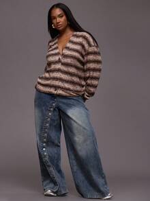 MUSERA 大码水洗超大纽扣细节阔腿牛仔裤，日常休闲酷女孩街头风 - 藍色 - 查看 1