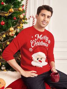 Manfinity RelaxMax 男士休闲圣诞图案毛衣，秋冬 - 紅色 - 查看 3