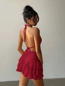 Aloruh Váy ngắn hở lưng gợi cảm kết cấu khoét sâu dành cho nữ - Đỏ - Xem 2