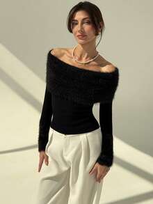 Aloruh Áo len chui đầu tay dài hở vai hở vai phong cách tiệc tùng dành cho nữ, dáng ôm, dáng thu đông, hở vai, họa tiết chắp vá mềm mại - màu đen - Xem 6