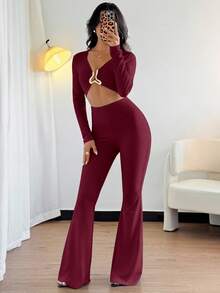 Rafferiza 欧美风格休闲金属装饰收腰长袖性感黑色高弹力女式连体裤 - 酒紅色 - 查看 3