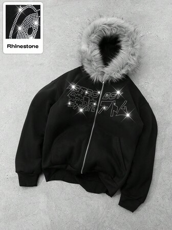 Astro Boy X ROMWE Sweat-shirt-shirt à capuche zippé avec décoration de strass en forme de lettre pour hommes, convient pour un port quotidien, automne/hiver