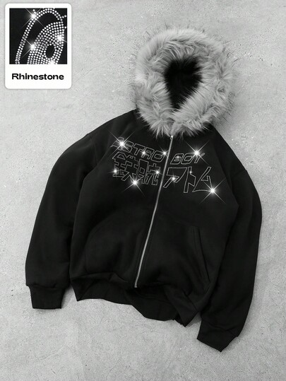 Astro Boy X ROMWE Men's Letter Rhinestone Decor Hooded Zipper Long Sleeve Sweatshirt, Suitable For Everyday Wear, Autumn/Winter