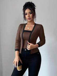 Elenzga Set 2 Potong Atasan Cardigan dan Tanpa Lengan Rajut Patchwork Elegan untuk Wanita - Coffee Brown - View 6