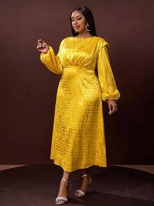 Veslaya 2025 Autumn/Winter New Plus Size Women's Dress, Elegant Fitted Textured Fabric Yellow Waist Dress, Suitable For Country Music Concerts, Weddings, Dates, Parties, Formal Events - Yellow - View 4