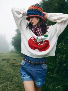 Bohemela Suéter Boho Estilo Americano com Estampa de Cereja para Mulheres, Outono/Inverno