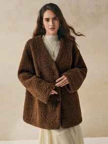 Cévolie 女式棕色长袖单排扣宽松休闲仿皮草夹克 - 棕色 - 查看 1