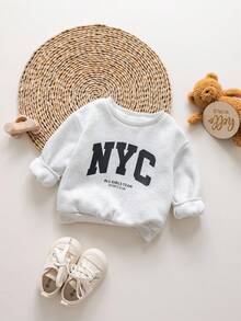 SHEIN 母女装休闲圆领字母印花长袖运动衫，保暖内衬，秋冬 - 米色 - 查看 8