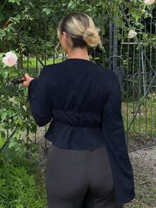 Jeta Ari 海军蓝女式系带喇叭袖衬衫，镂空服装，女式，魔鬼服装，复古，海盗上衣，嬉皮士，外出上衣 - 藏蓝色 - 查看 2