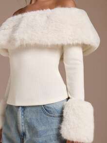 SHEIN BAE Apricot Off Shoulder Fuzzy Tight-Fitting Long Sleeve Sweater Top, Thermal Lined Thick Autumn/Winter Top,Valentine's Day,Valentine Outfits For Women