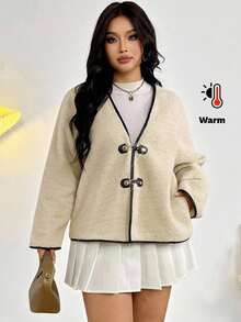 Firerie Veste décontractée rétro pour le retour à l'école, à manches longues, à double boutonnage,  avec boutons métalliques, doublée de sherpa, col en V, coupe ample, avec passepoil contrastant, pour femmes grandes tailles, pour l'automne/l'hiver