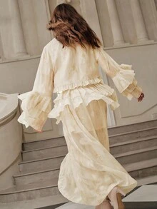 Anewsta Savoree 2件套荷叶边下摆优雅A字裙套装，春秋 - 杏色 - 查看 2