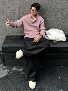 DAZY 男士纹理面料圆领半开襟T恤，粉色，秋季 - 粉色 - 查看 6