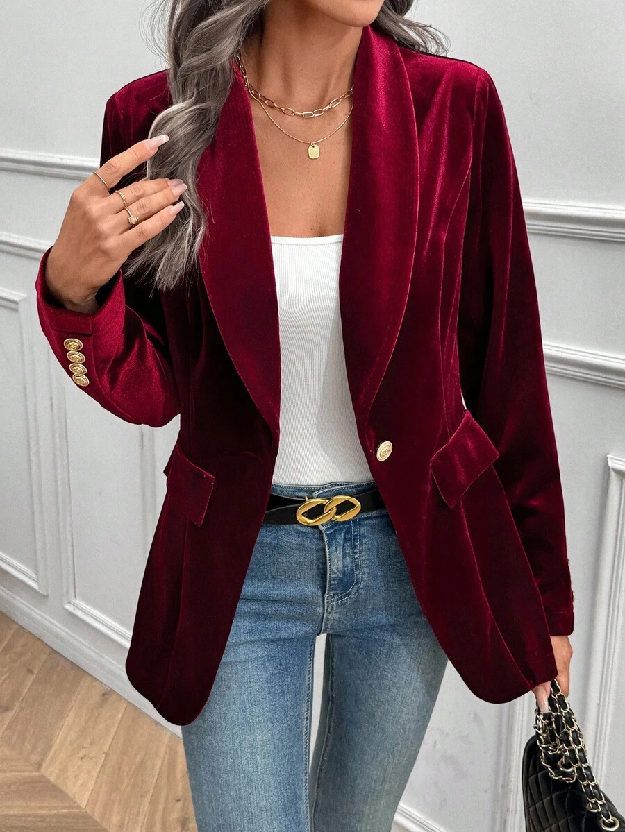 EMERY ROSE 女士优雅纯色天鹅绒西装外套 - 酒紅色 - 查看 1
