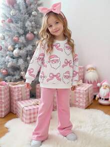 Playful Pals 小女孩圣诞老人印花卫衣和裤子两件套，适合居家、外出、聚会、节日、秋冬的休闲装 - 彩色 - 查看 1
