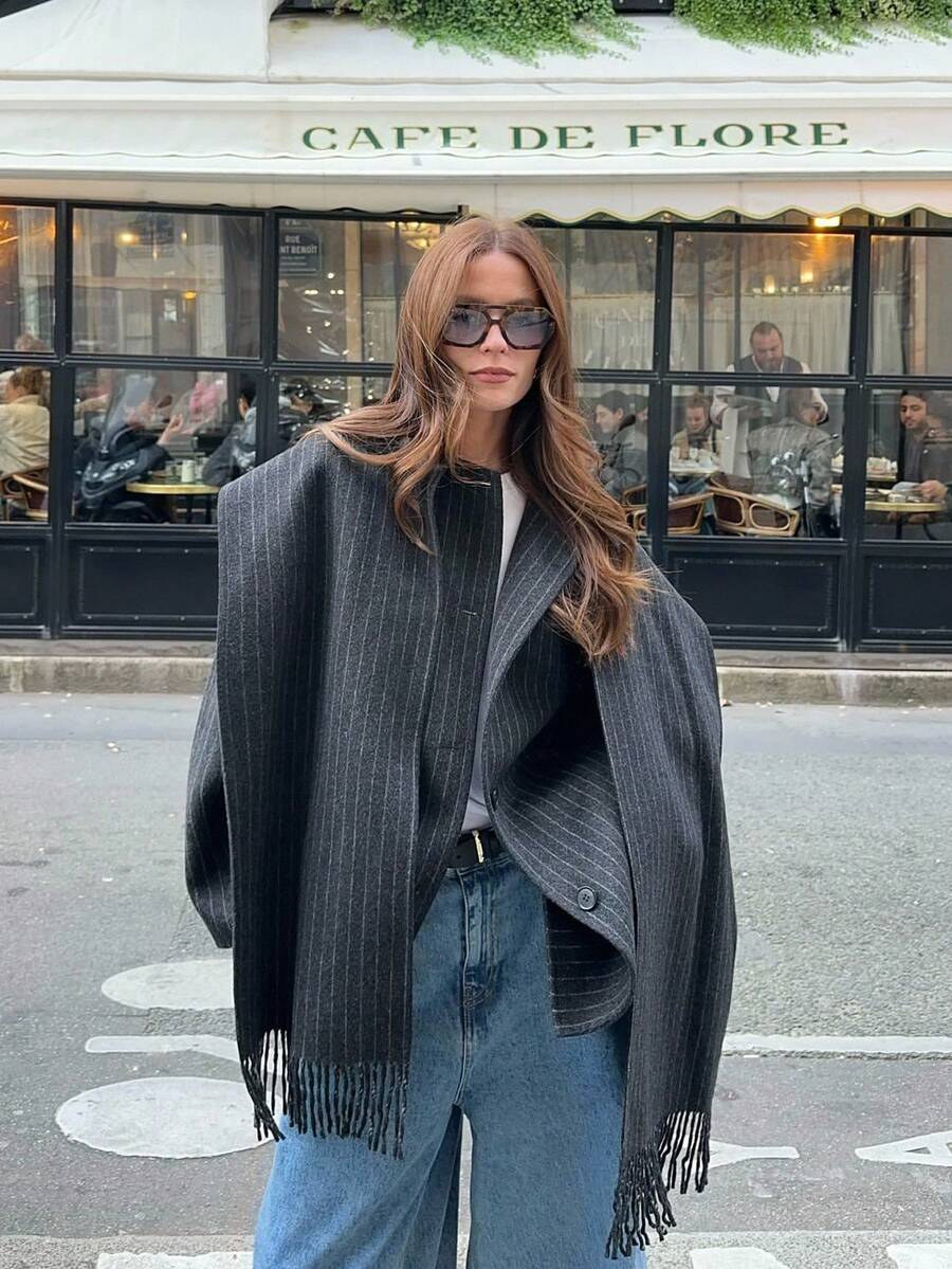 Siren Gaze Áo khoác sọc xám cho nữ (kèm khăn choàng phù hợp), Hàng mới về mùa thu/đông, Quần áo mùa đông cho nữ - Xám - Xem 1