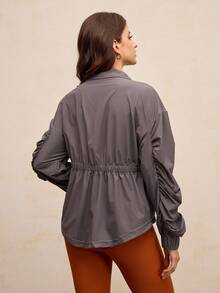 Activina Women's Grey Woven Fabric Short Sports Jacket With Stand Collar Long Sleeves And Front Zipper Closure - Grey - View 3