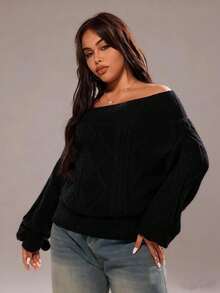 Rustia Plus Size Women's Solid Color Off-Shoulder Long Sleeve Loose Fashion Sweater, Autumn/Winter CASUAL - Black - View 3