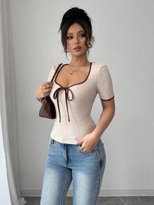 Selianne French Style Color Block Deep V-Neck Bow Design Fitted Women T-Shirt - Multicolor - View 4