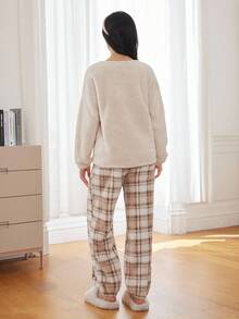 2pcs/Set Teen Girls' Soft Plush Fleece Crew Neck Long Sleeve Top And Pants Pajama Set, Cozy Bear Pattern, Winter Sleep Wear Teen Teen Girl Fluffy Matching Pjs Pajamas Women Set Teen Girl Lounge Wear Pajama Set Teen - Mocha Brown - View 2