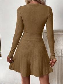 SHEIN LUNE Casual Solid Color Knit Dress, Autumn/Winter - Camel - View 2