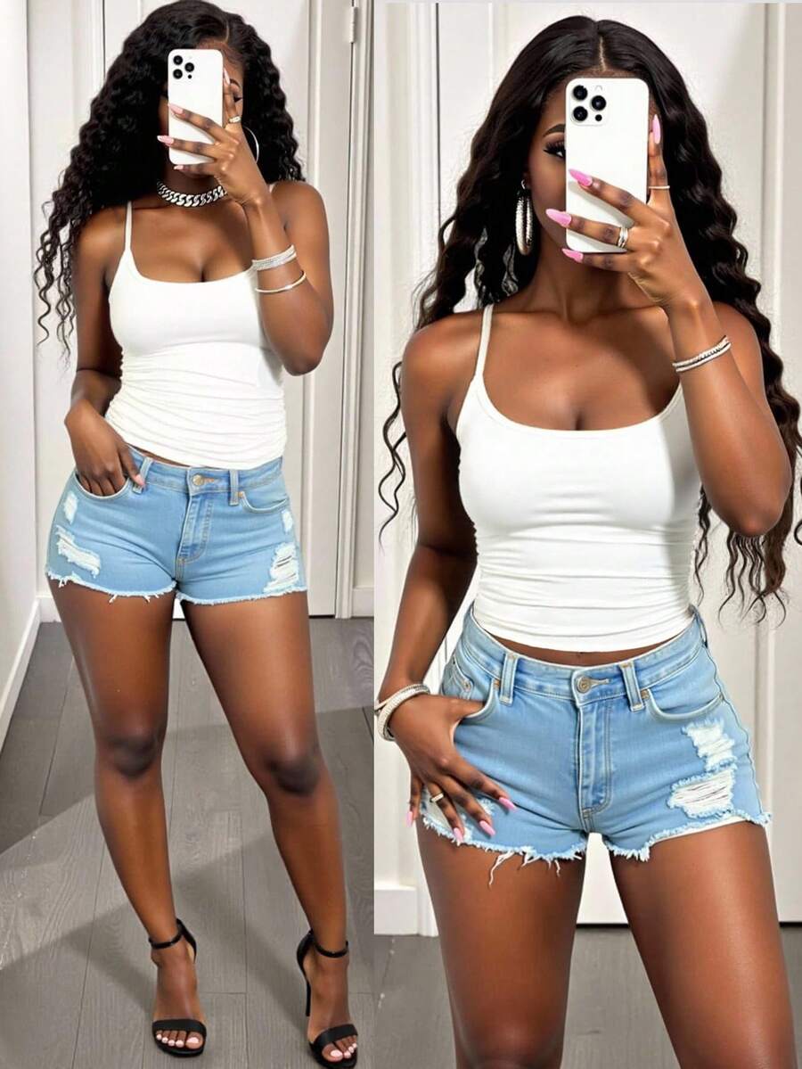 INAWLY Solva 女式纯色短款修身休闲吊带背心 - 白色 - 查看 1