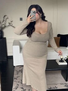 Flirla Plus Size Women's Square Neck Long Sleeve Minimalist Apricot Color Dress, Waist-Cinching Slimming Dress Lara Croft - Apricot - View 6