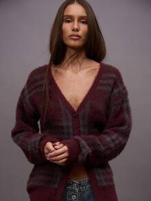 MUSERA Flauschige gestrickte karierte oversized V-Ausschnitt Strickjacke für Herbst, Winter, Abende, Ausgehen, Streetwear, süß, sexy, ungeschnitten, elegant, Abendparty, Weihnachten, Neujahr, Erntedankfest