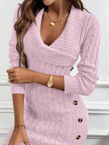 EMERY ROSE Collared Knit Long Sleeve Comfortable Sweater Dress - Pink - View 5