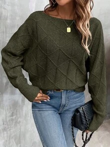 EMERY ROSE Women's Casual Solid Color Batwing Sleeve Crew Neck Sweater, Autumn/Winter - Army Green - View 3
