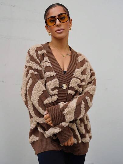 SAYEHFBABY Cárdigan gráfico con hombros caídos, cárdigan de mujer casual de estilo casual con cuello en V y ajuste regular en color marrón con diseño gráfico para uso diario, suéter oversize de manga larga