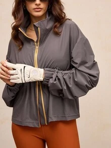 Activina Women's Grey Woven Fabric Short Sports Jacket With Stand Collar Long Sleeves And Front Zipper Closure - Grey - View 2