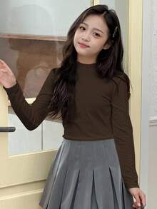 DAZY 女童高领保暖修身T恤，秋季百搭长袖上衣 - 咖啡棕 - 查看 4
