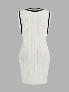 Sweetra Plus Size Women Cable Knit Side Slit Sweater Dress, Autumn/Winter - Black and White - View 5
