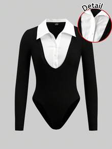 SHEIN EZwear 休闲简约办公室修身白领紧身衣，二合一女式衬衫领紧身衣，百搭款式，适合秋冬办公室穿着 - 彩色 - 查看 2
