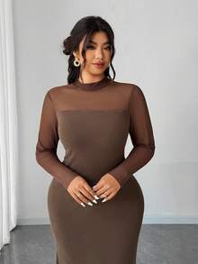 Elenzga Vestido de talla grande para mujer, elegante y romántico, con parches de tela, cuello alto, ajustado a la cintura y con bajo de cola de pez, para primavera/otoño - Café integral - Ver 6