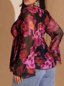 SHEIN CURVE+ Plus Size Women Printed Knit Sheer Front Tie Waist Flare Sleeve Top - Multicolor - View 2