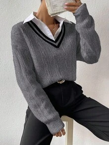 EMERY ROSE Suéter casual de hombros caídos con cuello de contraste, otoño/invierno - Gris - Ver 4