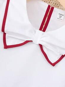 Tween-Mädchen T-Shirt-Set, weißes Oberteil mit stylischem Kragen, gepaart mit schwarz gestreifter Taillenkrawatte und schwarzer Schlaghose, Sommerurlaub - Rot - Übersicht 4