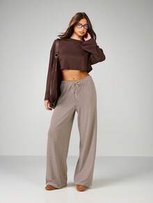MISSGUIDED 宽袖短款休闲上衣秋季家居服宽松休闲落肩棉混纺舒适冬季休闲服 - 棕色 - 查看 5
