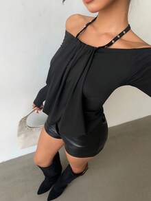 Aloruh Women's Fashion Commuter Rivet Decor Cold Shoulder Halter Top, Fall Autumn Back To School Homecoming Rave Festival Country Concert Ibiza - Black - View 6