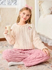 SHEIN 女童杏桃色刺绣上衣和粉色裤子睡衣套装 - 杏色 - 查看 4