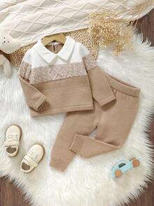 SHEIN 2pcs Toddler Gentleman Style Sweater Set, Collared Pullover Sweater & Casual Pants Autumn And Winter Two Piece Suit Neutral Baby Clothes Baby Boy Knitted Set Baby Boy Beige Outfit Knit Two Piece Toddler Baby Boy Knitted Set Baby Outfits Unisex For Fall Baby Boy Clothes Long Sleeve Neutral Baby Clothes Baby Knit Outfit Knit Two Piece Toddler Baby Sweater Set Baby Boy Sweater Set Winter Baby Outfits - Khaki - View 1