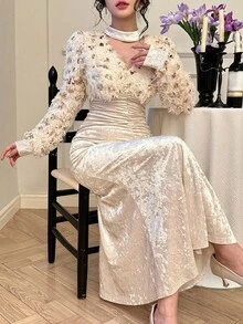 DAZY 秋冬毛绒拼布亮片缀饰鱼尾下摆镂空优雅长裙，适合新年、圣诞节、婚礼派对 - 米色 - 查看 8