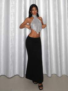 EgrlEra Metallic Mesh & Rhinestone Decor High Neck Backless Halter Top - Silver - View 4