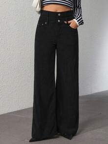 SHEIN Unity Women's Fashionable Versatile Solid Color Corduroy Wide Leg Pants - Black - View 4