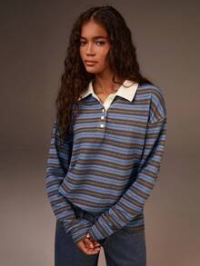 Athîral 女式休闲条纹落肩长袖T恤，秋季 - 彩色 - 查看 4