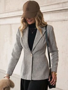 Solivie 女士优雅通勤修身西装外套，秋冬季粗花呢西装外套，带衬里，适合感恩节穿着 - 灰色 - 查看 3